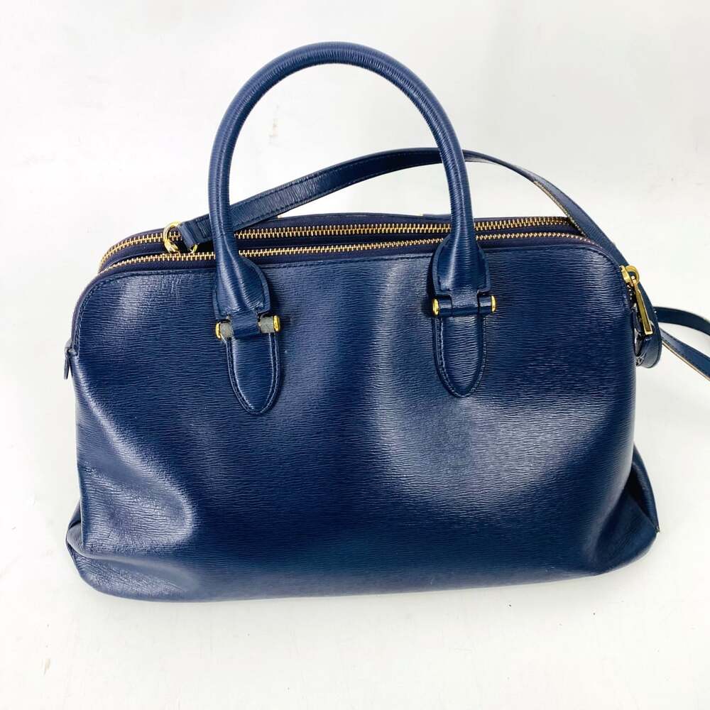 Lauren Ralph Lauren Newbury Double Zip Leather Satchel Navy Blue Handbag